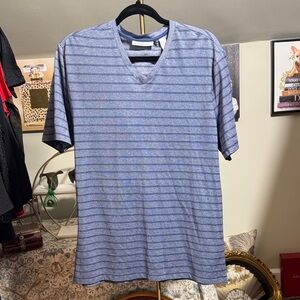 NWOT Perry Ellis Portfolio Blue Striped V-Neck Men's Short Sleeve Cotton Blend